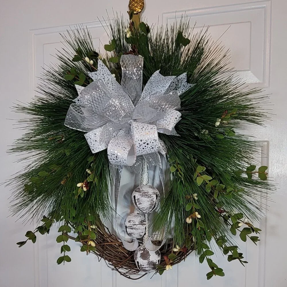 White Bells, White Berries, Pine Wreath, Winter Holiday Wreath, Hand Crafted